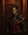 GRID THUMBNAIL — A stern, dark-haired nobleman in ornate leather and gold-trimmed armour stands in a firelit interior, half-shadowed before a wooden door.