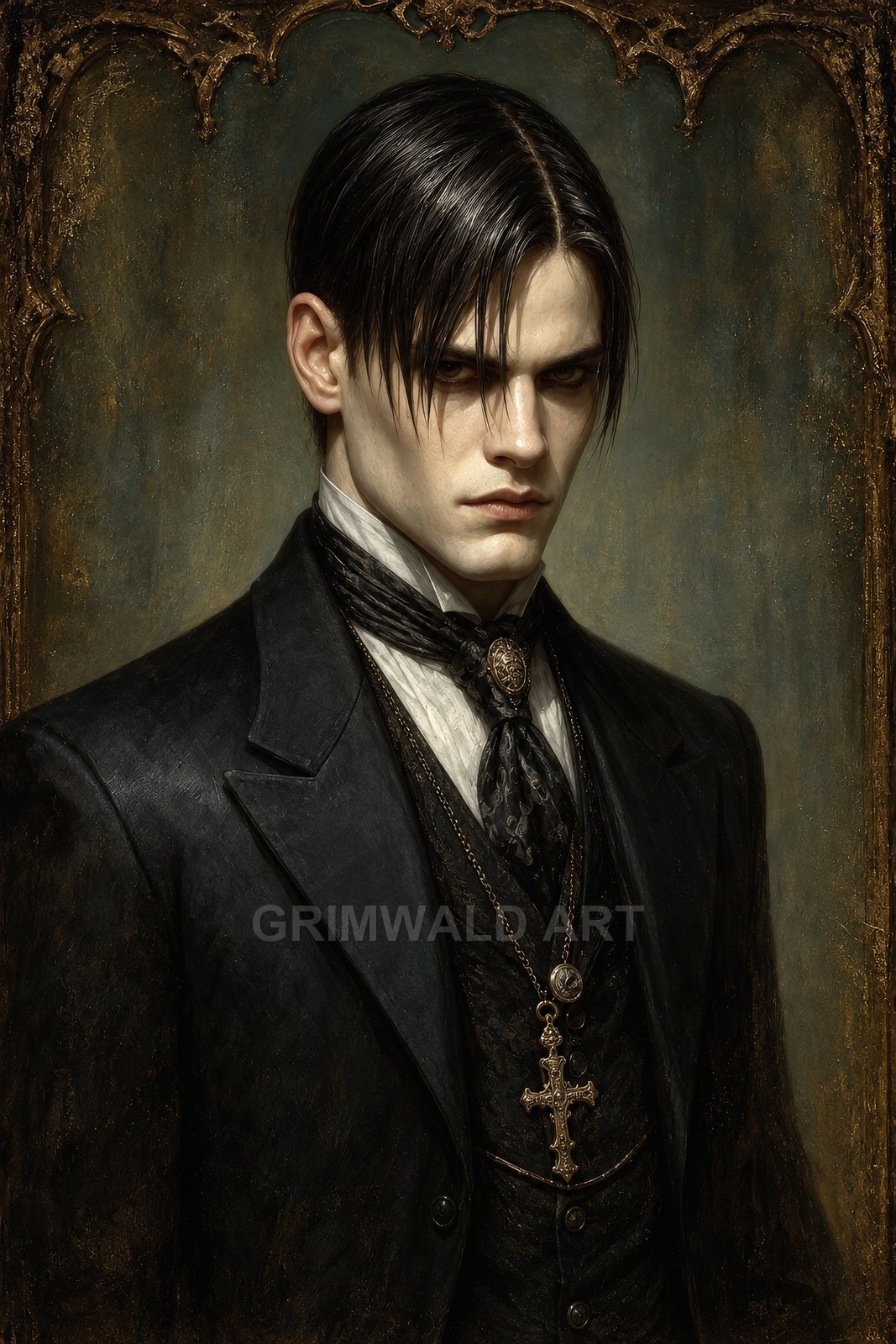 Portrait of a pale, stern young man in a black Victorian suit with cravat and ornate cross pendant, framed against a dark, textured backdrop.