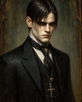 GRID THUMBNAIL — Portrait of a pale, stern young man in a black Victorian suit with cravat and ornate cross pendant, framed against a dark, textured backdrop.