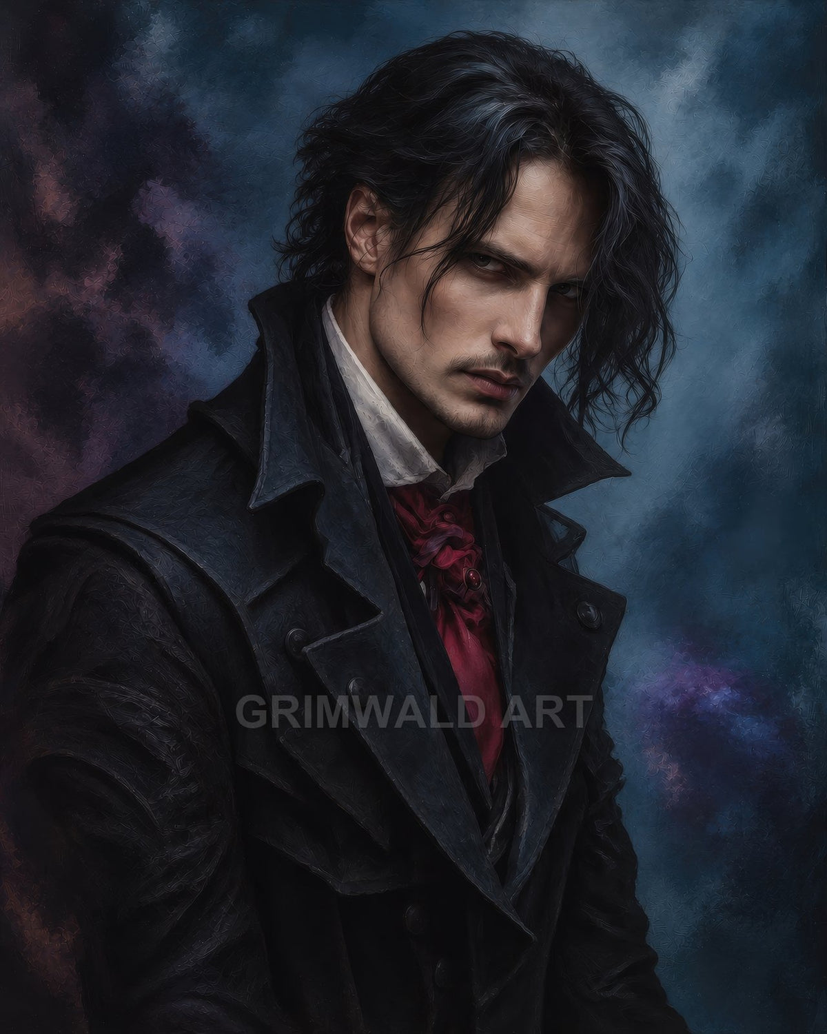 Moody portrait of a pale, dark-haired man in a high-collared black coat and red cravat, gazing intensely against a smoky blue backdrop.