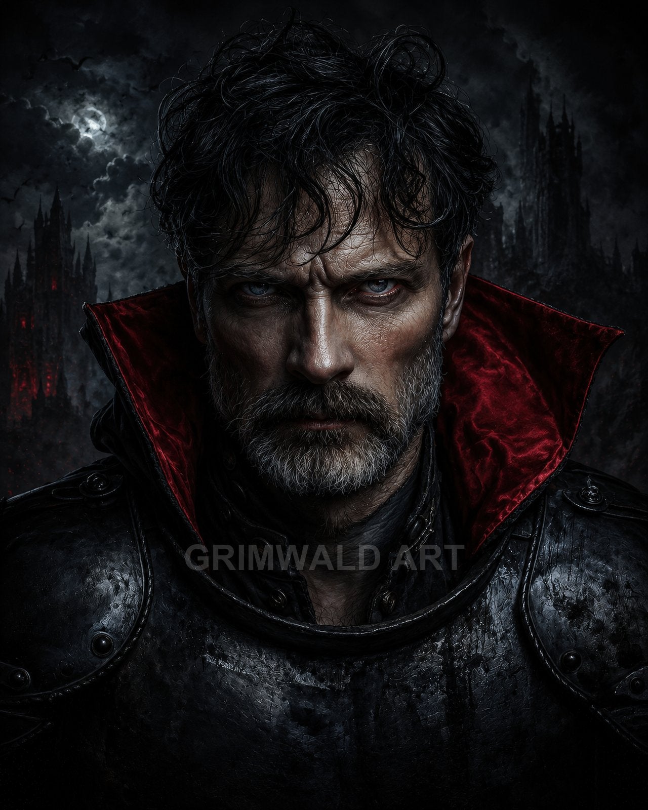 A grim, bearded knight in battered black armour with a red-lined collar faces forward, moonlit gothic spires and clouds looming in the background.