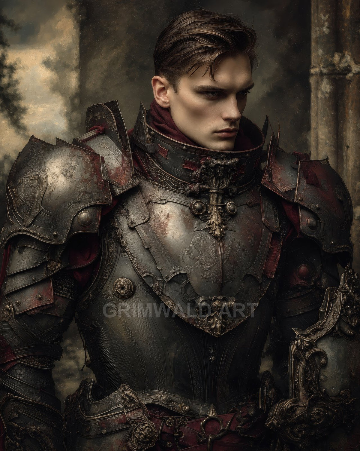 Portrait of a stern male knight in ornate dark plate armour with red accents, before a shadowy cathedral column under muted twilight.