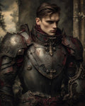 GRID THUMBNAIL — Portrait of a stern male knight in ornate dark plate armour with red accents, before a shadowy cathedral column under muted twilight.