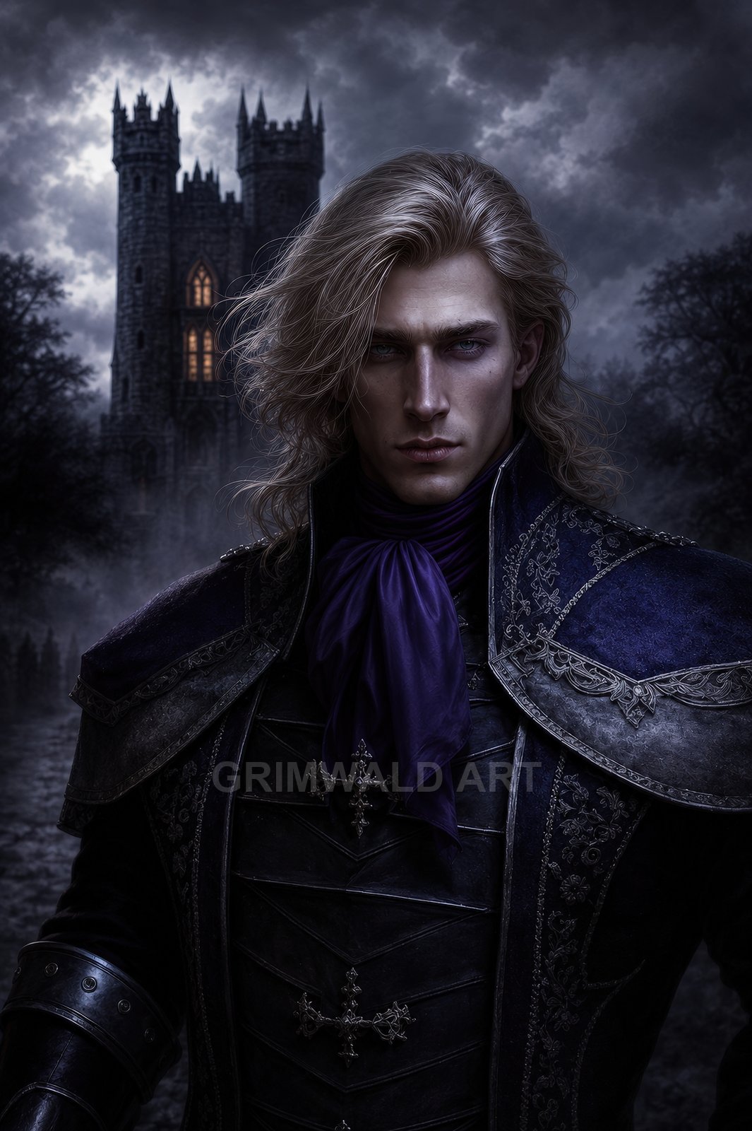 Portrait of a stern long-haired nobleman in ornate dark armour and purple scarf before a moonlit gothic castle, misty trees and stormy night sky.