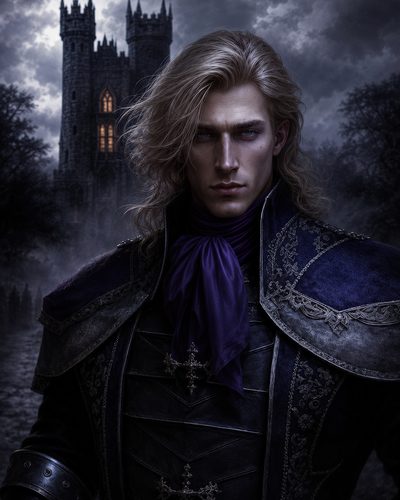 GRID THUMBNAIL — Portrait of a stern long-haired nobleman in ornate dark armour and purple scarf before a moonlit gothic castle, misty trees and stormy night sky.
