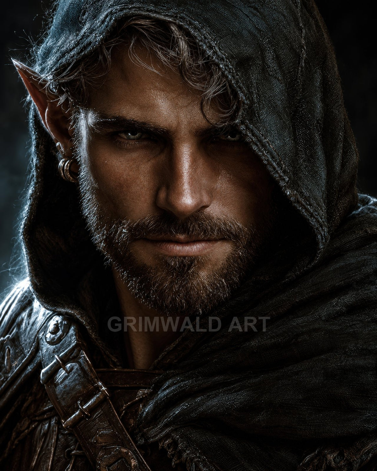 Close-up portrait of a hooded male elf with pointed ear and earring, leather cloak and buckles, intense gaze, dramatic low-key lighting.