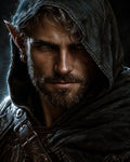 GRID THUMBNAIL — Close-up portrait of a hooded male elf with pointed ear and earring, leather cloak and buckles, intense gaze, dramatic low-key lighting.