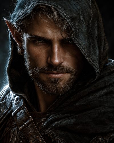 GRID THUMBNAIL — Close-up portrait of a hooded male elf with pointed ear and earring, leather cloak and buckles, intense gaze, dramatic low-key lighting.