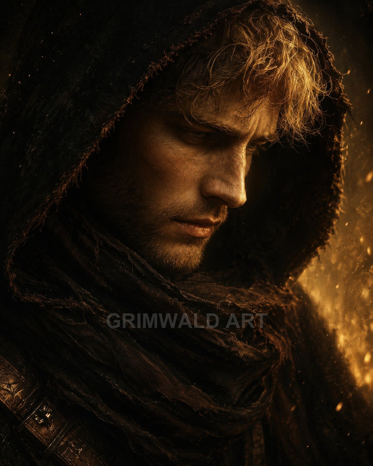 Firelit close-up portrait of a hooded man in a tattered cloak, golden embers drifting as he gazes downward in brooding profile.