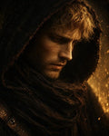 GRID THUMBNAIL — Firelit close-up portrait of a hooded man in a tattered cloak, golden embers drifting as he gazes downward in brooding profile.