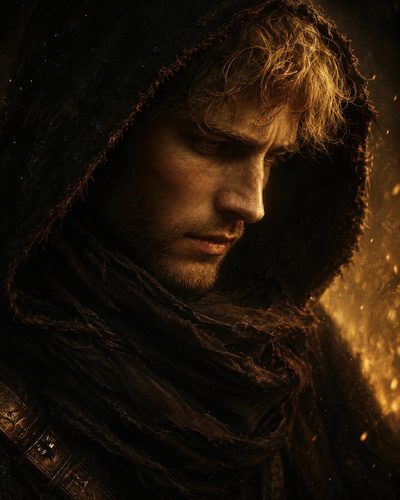GRID THUMBNAIL — Firelit close-up portrait of a hooded man in a tattered cloak, golden embers drifting as he gazes downward in brooding profile.