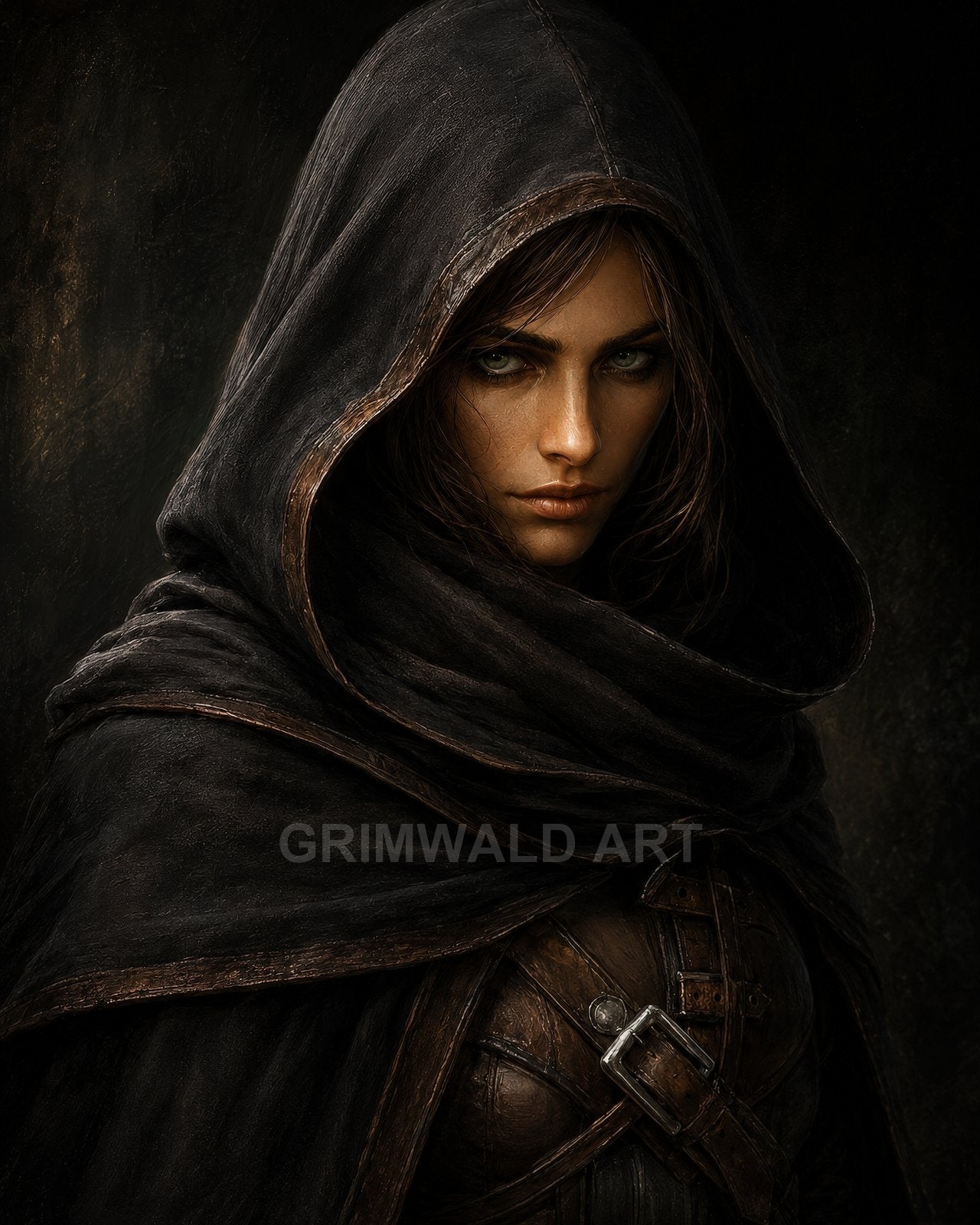 Moody portrait of a hooded female rogue in worn leather armour, piercing green eyes and dark cloak, warm firelit glow against a shadowed background.