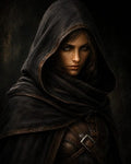 GRID THUMBNAIL — Moody portrait of a hooded female rogue in worn leather armour, piercing green eyes and dark cloak, warm firelit glow against a shadowed background.