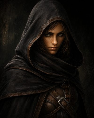 GRID THUMBNAIL — Moody portrait of a hooded female rogue in worn leather armour, piercing green eyes and dark cloak, warm firelit glow against a shadowed background.