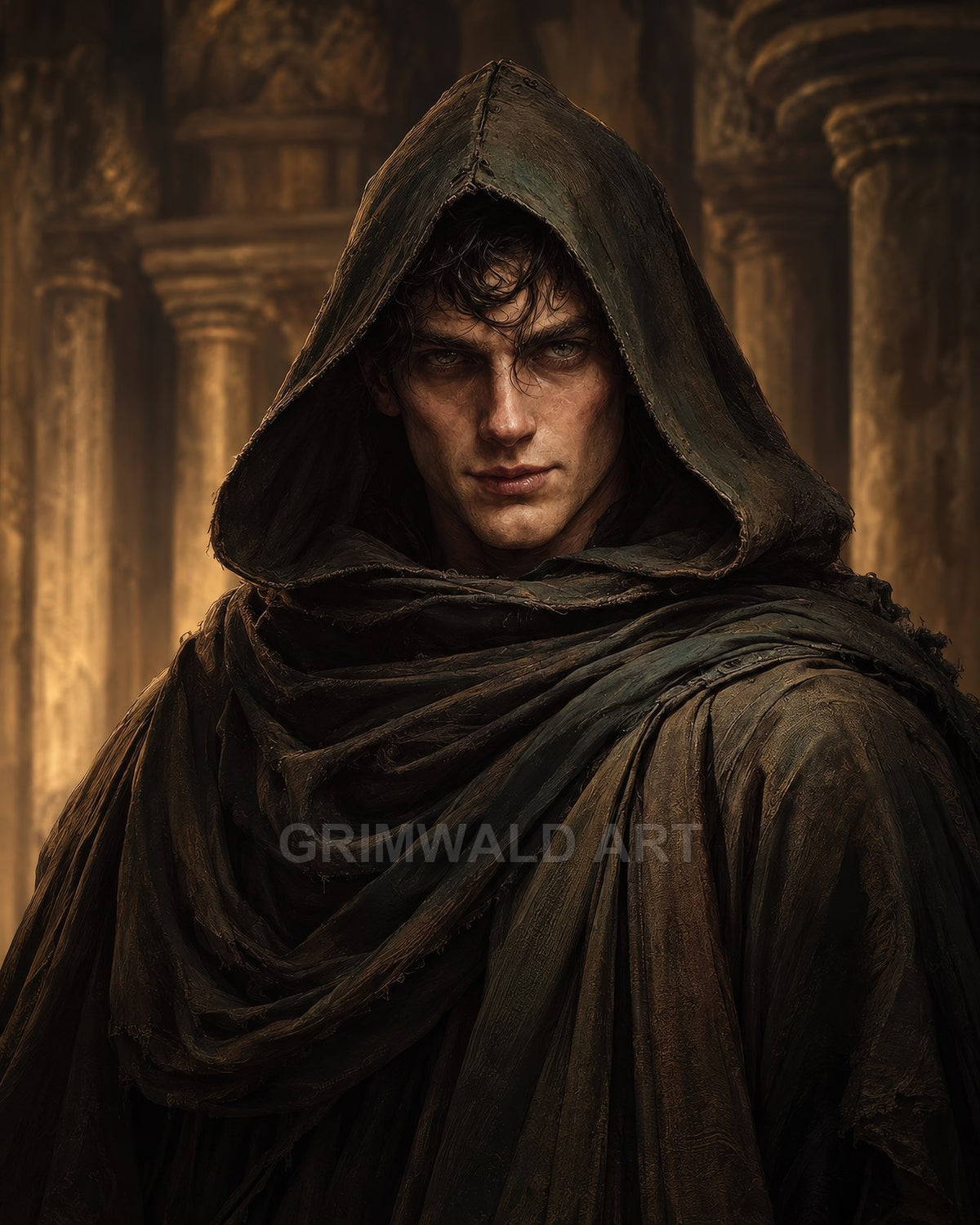 A hooded male rogue in tattered dark robes stands before ancient stone columns, warm firelight casting shadows across his intense, enigmatic face.