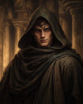 GRID THUMBNAIL — A hooded male rogue in tattered dark robes stands before ancient stone columns, warm firelight casting shadows across his intense, enigmatic face.