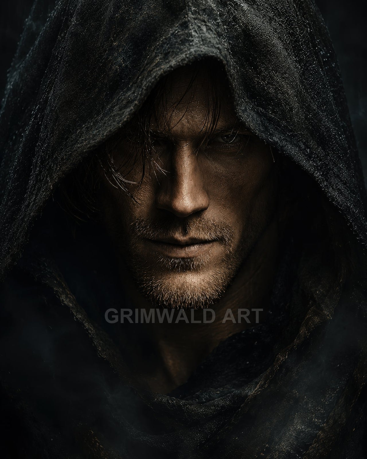 Close-up dark fantasy portrait of a hooded man in a worn cloak, stubbled face half-lit, piercing eyes emerging from deep shadow.