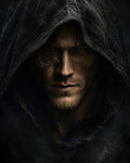 GRID THUMBNAIL — Close-up dark fantasy portrait of a hooded man in a worn cloak, stubbled face half-lit, piercing eyes emerging from deep shadow.