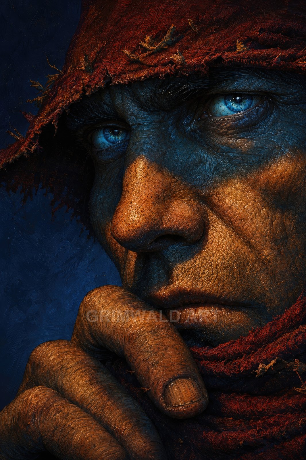 Close-up portrait of a weathered human man in a tattered red hood, intense blue eyes and rough hand under chin, dramatic blue-orange lighting.