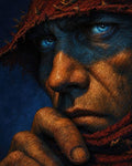 GRID THUMBNAIL — Close-up portrait of a weathered human man in a tattered red hood, intense blue eyes and rough hand under chin, dramatic blue-orange lighting.