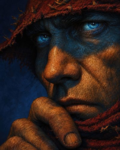 GRID THUMBNAIL — Close-up portrait of a weathered human man in a tattered red hood, intense blue eyes and rough hand under chin, dramatic blue-orange lighting.