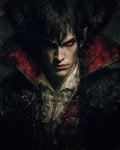 GRID THUMBNAIL — Moody portrait of a horned, pale male demon with piercing eyes, red-lined cloak and white shirt, painted in dark, textured strokes.