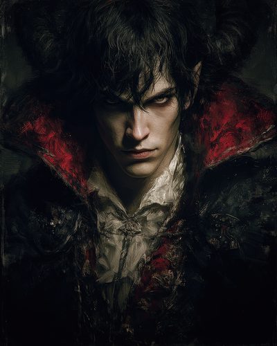 GRID THUMBNAIL — Moody portrait of a horned, pale male demon with piercing eyes, red-lined cloak and white shirt, painted in dark, textured strokes.