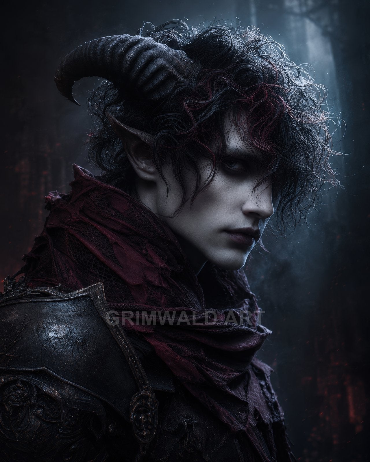 Androgynous horned demon in dark engraved armour and burgundy cloak, pale face and red-streaked curls, poised before a misty moonlit forest backdrop.