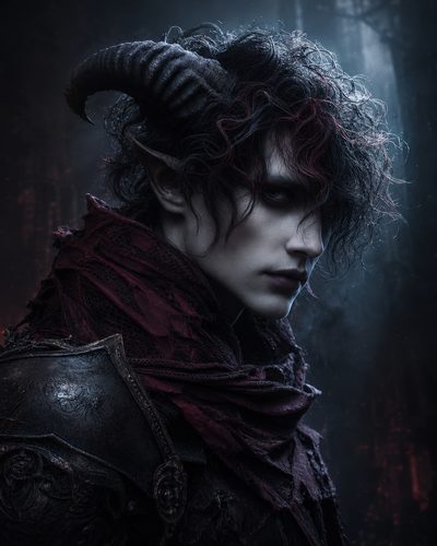 GRID THUMBNAIL — Androgynous horned demon in dark engraved armour and burgundy cloak, pale face and red-streaked curls, poised before a misty moonlit forest backdrop.