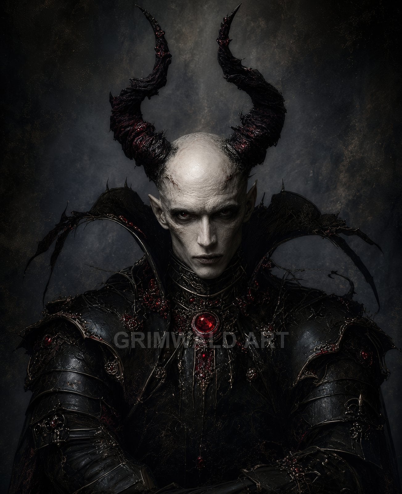 Portrait of a horned demon in ornate black armour with red gemstones, pale face and intense eyes, posed against a dark textured background.
