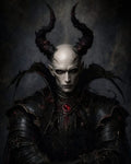 GRID THUMBNAIL — Portrait of a horned demon in ornate black armour with red gemstones, pale face and intense eyes, posed against a dark textured background.