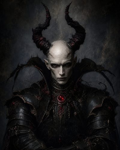 GRID THUMBNAIL — Portrait of a horned demon in ornate black armour with red gemstones, pale face and intense eyes, posed against a dark textured background.