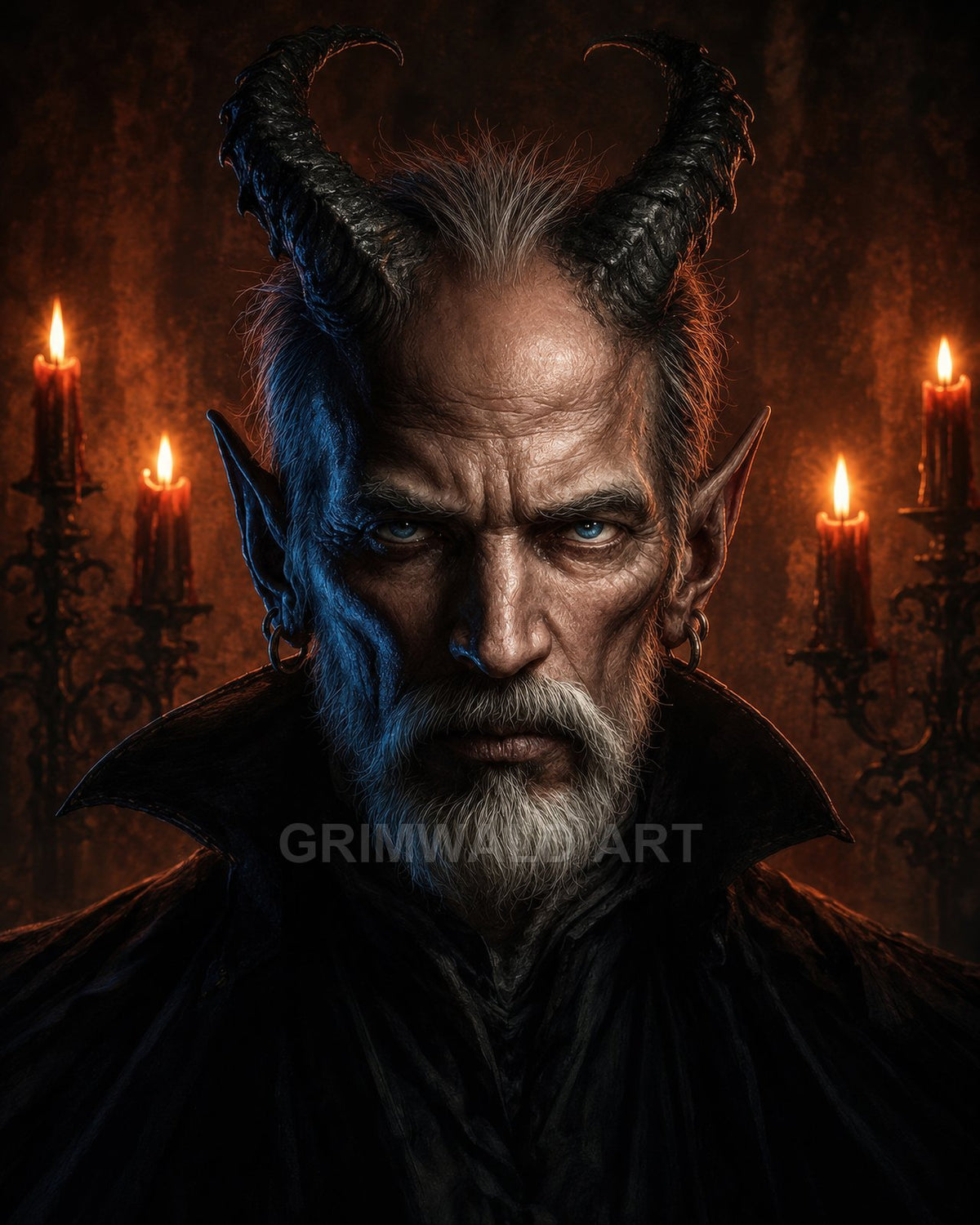 Close-up portrait of an older male demon with ram-like horns, pointed ears and blue eyes, candlelit background with candelabras, dark gothic attire.