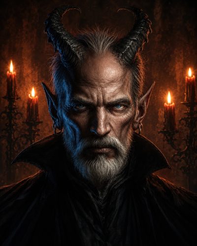 GRID THUMBNAIL — Close-up portrait of an older male demon with ram-like horns, pointed ears and blue eyes, candlelit background with candelabras, dark gothic attire.