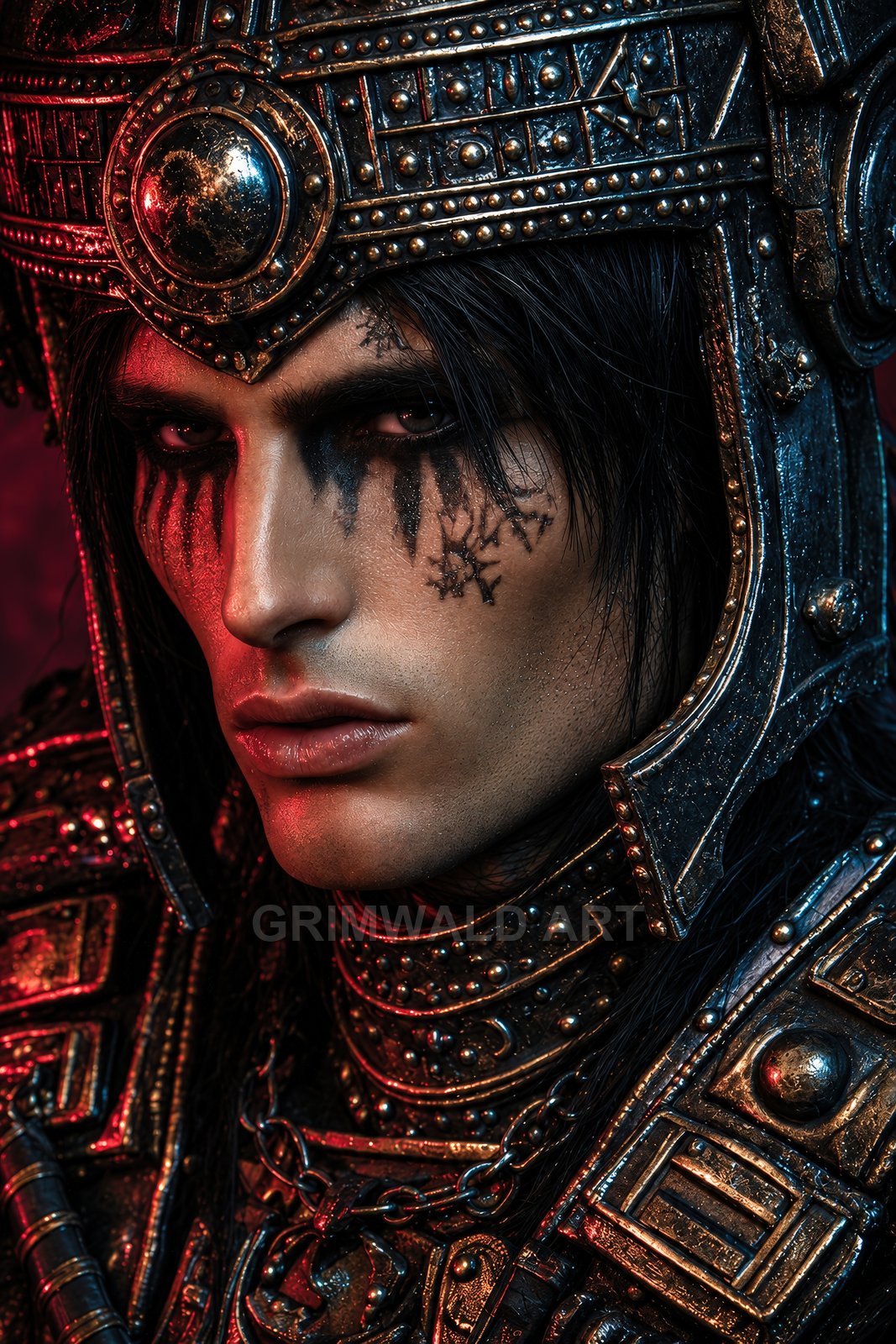 Close-up portrait of a male human knight wearing ornate dark metal armour and helmet, black warpaint and runic scars, lit with red and blue highlights.