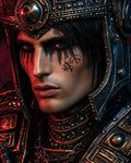 GRID THUMBNAIL — Close-up portrait of a male human knight wearing ornate dark metal armour and helmet, black warpaint and runic scars, lit with red and blue highlights.