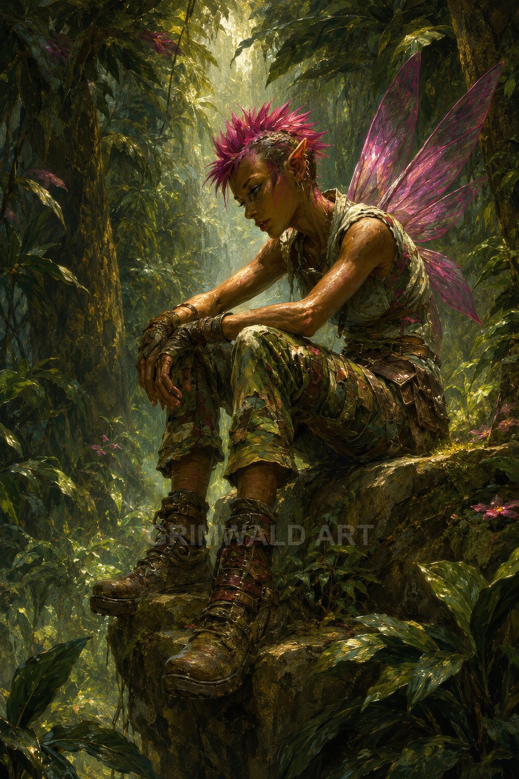 Androgynous punk fairy with pink wings and pointed ears sits pensively on a jungle rock, wearing camo trousers and strapped boots in dappled daylight.