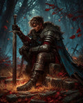 GRID THUMBNAIL — Armoured knight with fur mantle and blue cloak sits on stone steps in a misty graveyard, gripping a grounded sword amid red autumn leaves.