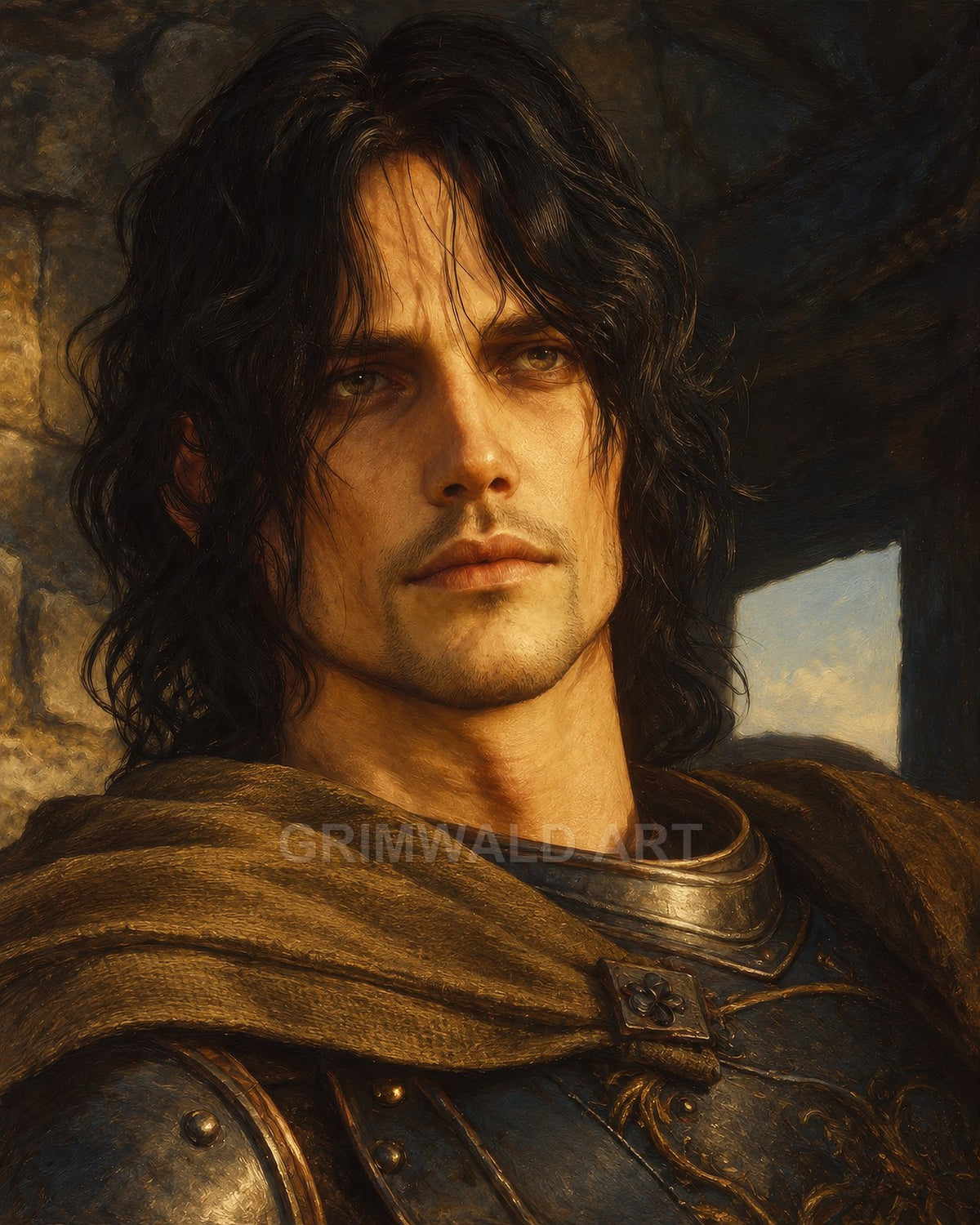 Portrait of a long-haired male knight in engraved steel armour and brown cloak beside stone battlements, bathed in warm golden light.