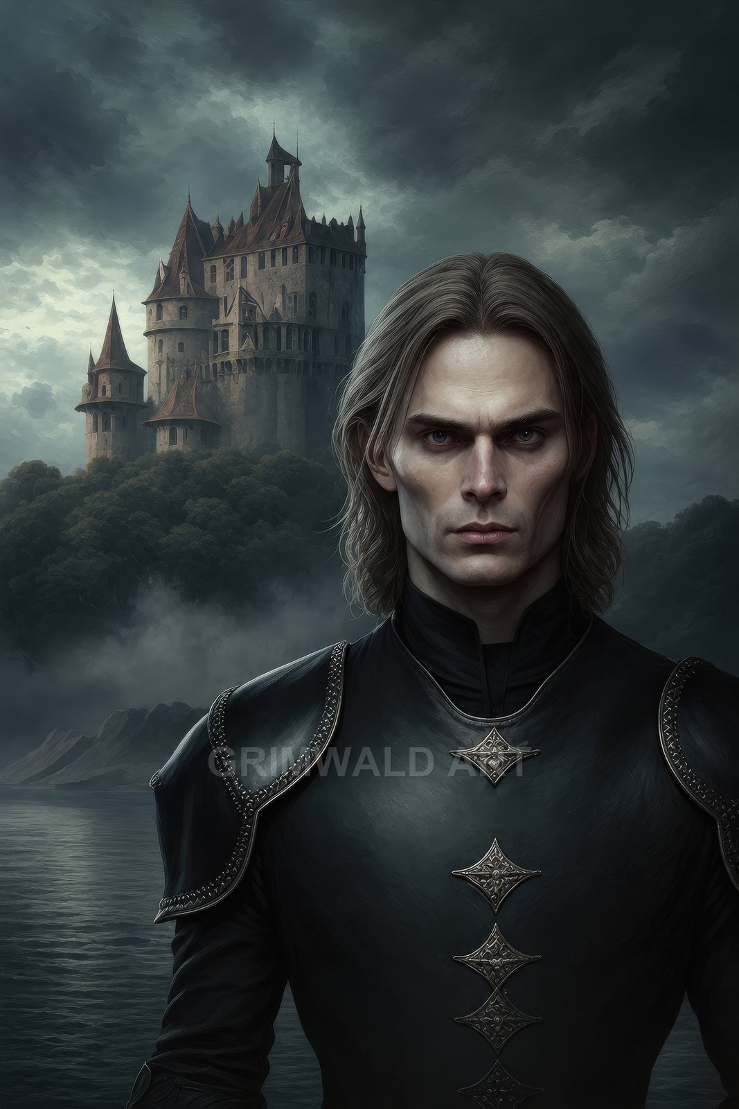 A pale, long-haired man in dark ornate armour stands before a misty lakeside castle under brooding clouds, a moody gothic fantasy portrait at twilight.