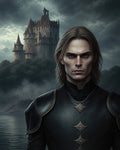 GRID THUMBNAIL — A pale, long-haired man in dark ornate armour stands before a misty lakeside castle under brooding clouds, a moody gothic fantasy portrait at twilight.