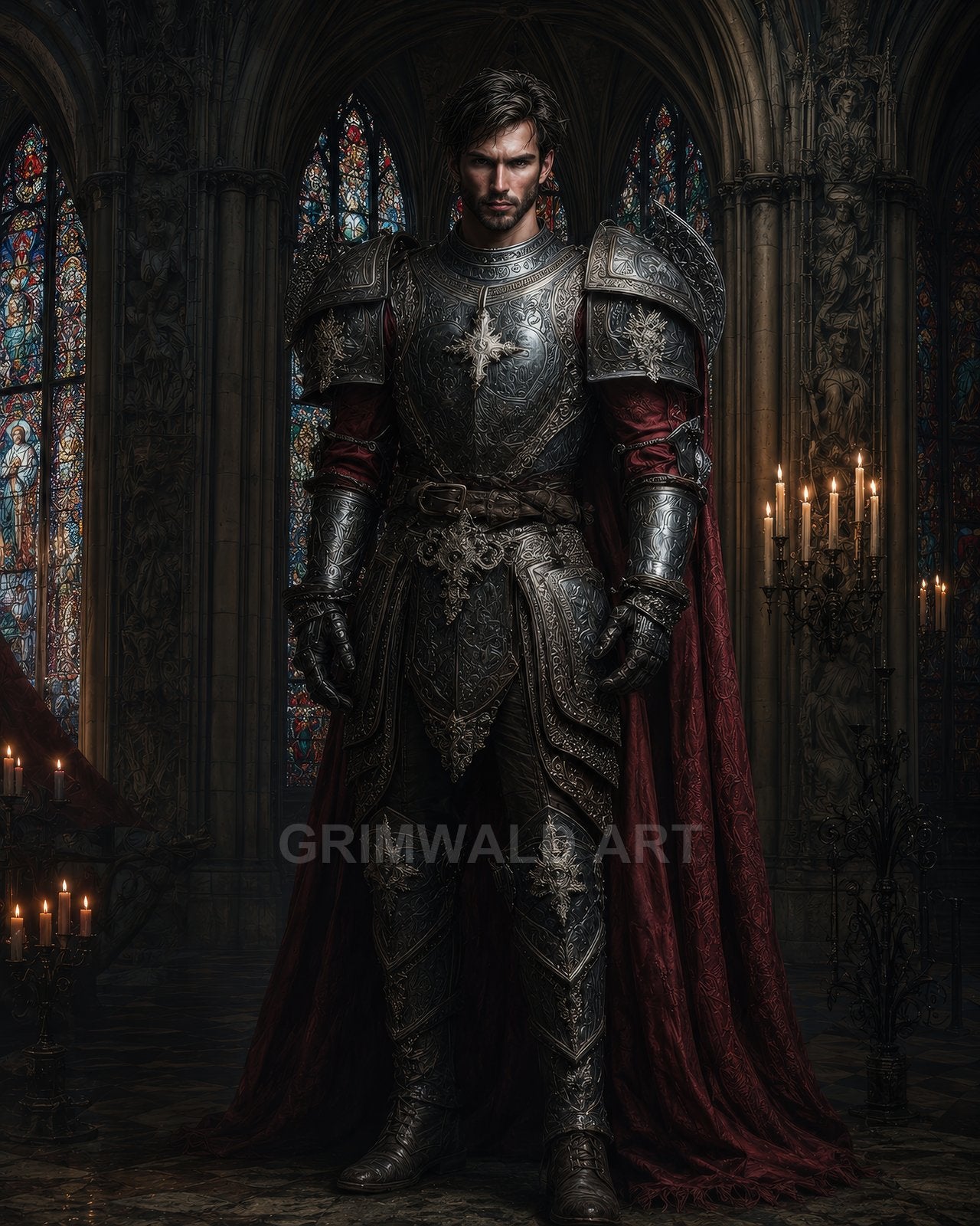 A stern male knight in ornate steel armour and red cloak stands in a candlelit gothic cathedral before stained glass windows.