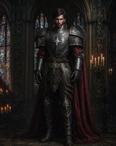 GRID THUMBNAIL — A stern male knight in ornate steel armour and red cloak stands in a candlelit gothic cathedral before stained glass windows.