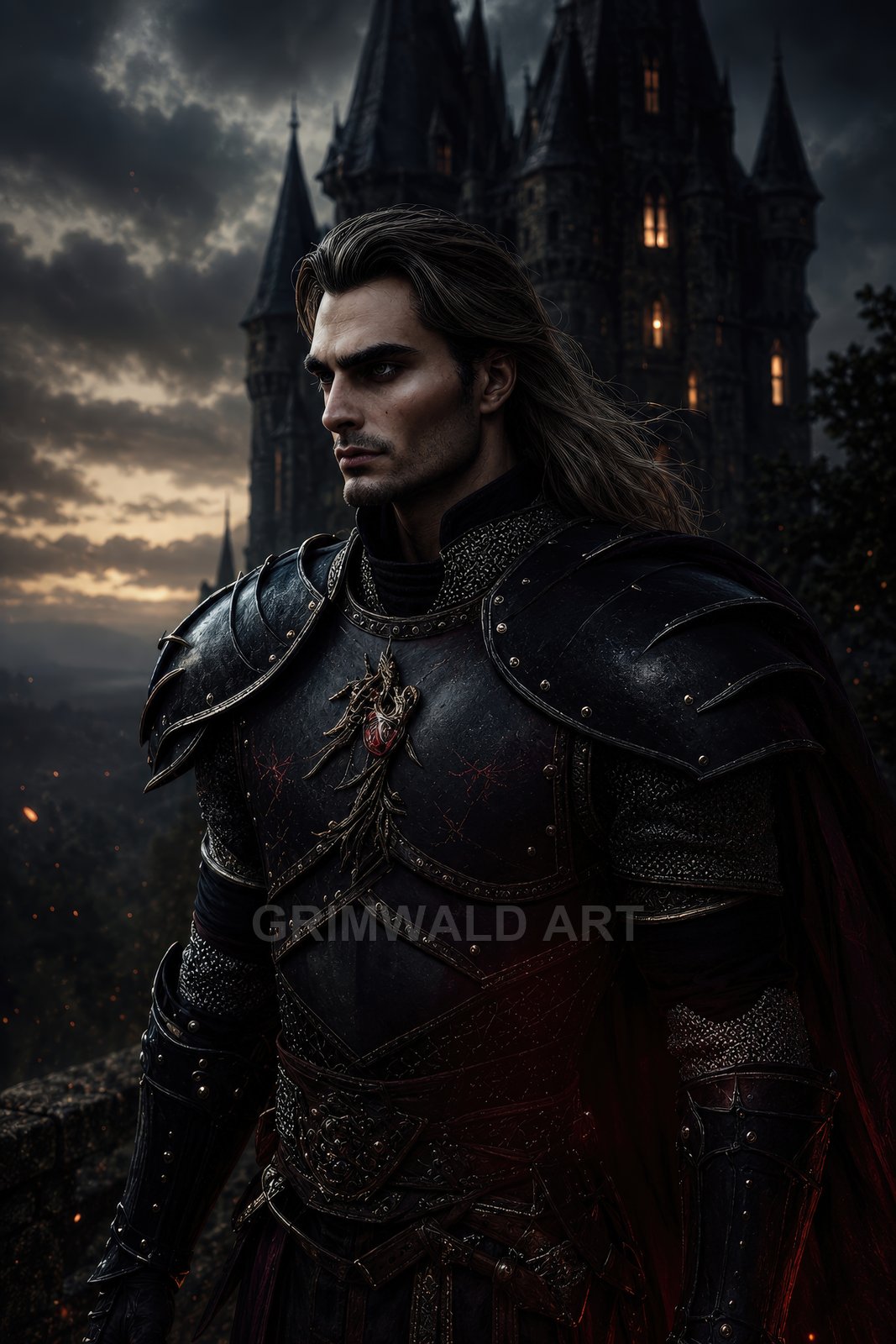 Armoured male knight in dark gothic plate stands before a towering castle at twilight, embers drifting through the air, expression stern and resolute.