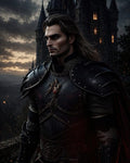 GRID THUMBNAIL — Armoured male knight in dark gothic plate stands before a towering castle at twilight, embers drifting through the air, expression stern and resolute.