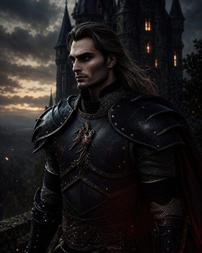 GRID THUMBNAIL — Armoured male knight in dark gothic plate stands before a towering castle at twilight, embers drifting through the air, expression stern and resolute.