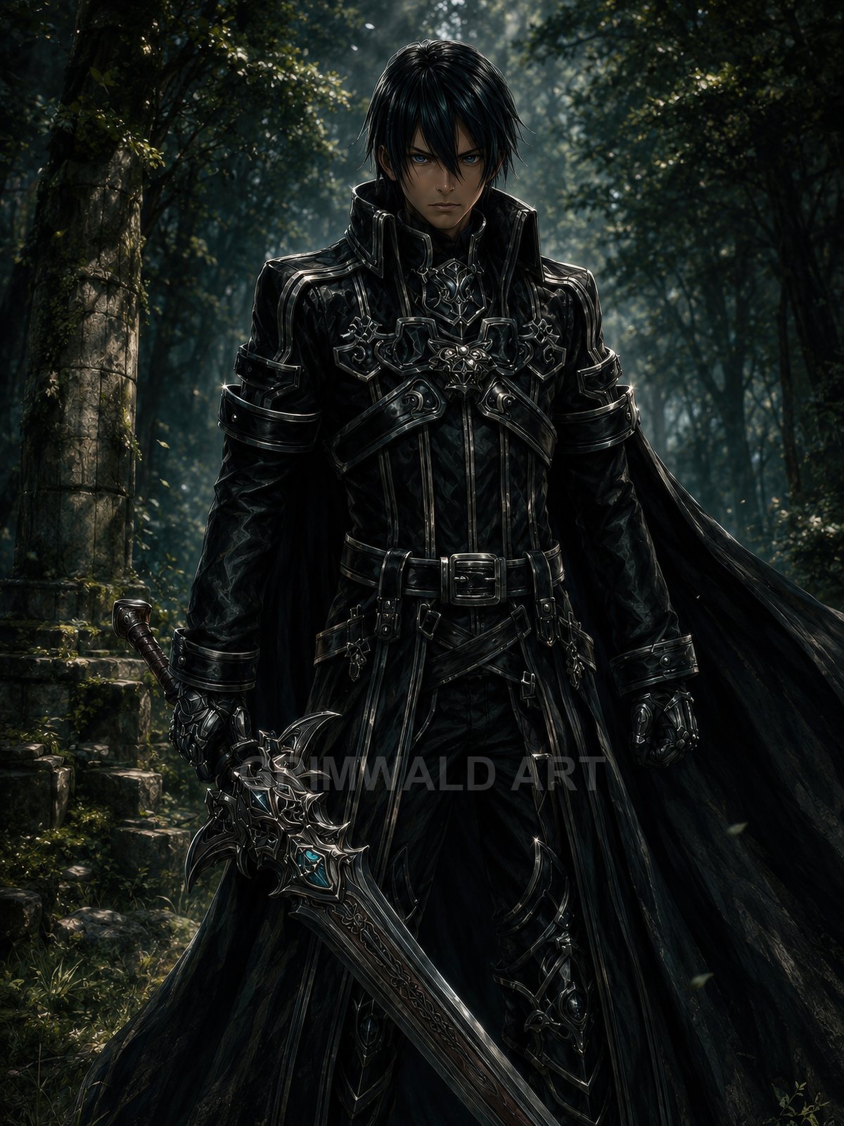 Dark-haired male warrior in ornate black armour and cloak holding a large engraved sword, standing in a shadowy forest with ancient stone ruins.