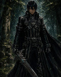 GRID THUMBNAIL — Dark-haired male warrior in ornate black armour and cloak holding a large engraved sword, standing in a shadowy forest with ancient stone ruins.
