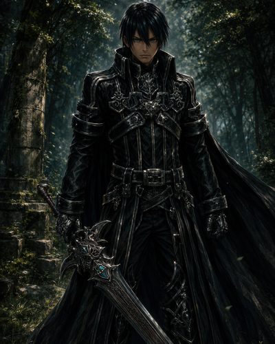 GRID THUMBNAIL — Dark-haired male warrior in ornate black armour and cloak holding a large engraved sword, standing in a shadowy forest with ancient stone ruins.
