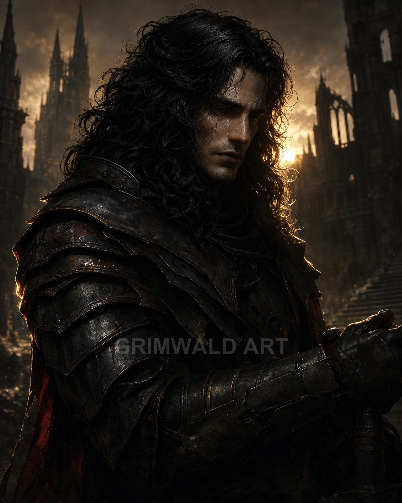 Close-up of a brooding armoured knight with long dark hair, gripping a sword before a ruined gothic cathedral at sunset, moody and dramatic.